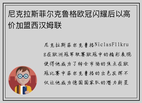 尼克拉斯菲尔克鲁格欧冠闪耀后以高价加盟西汉姆联
